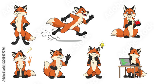 Set of Cartoon Foxes in Various Poses and Activities.