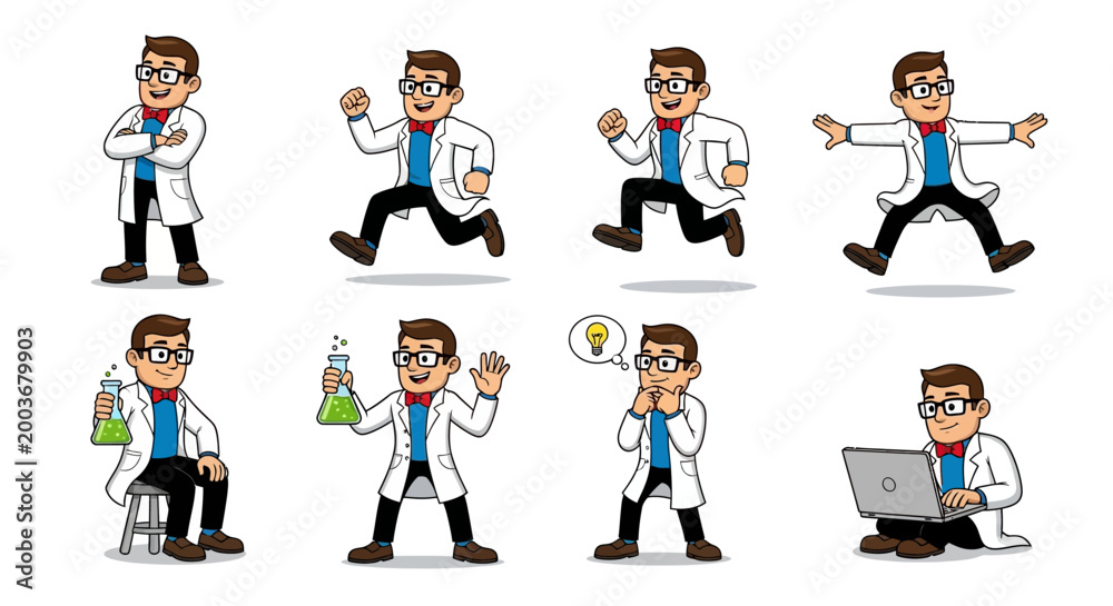 Naklejka premium Cartoon scientist in lab coat poses.
