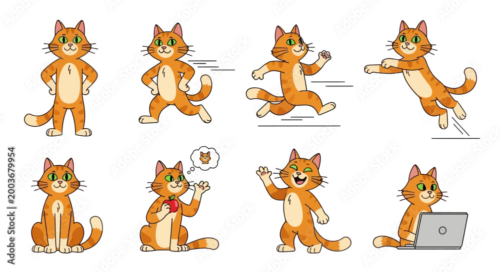 Fototapeta premium Cartoon orange cat various poses.