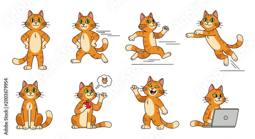 Cartoon orange cat various poses.