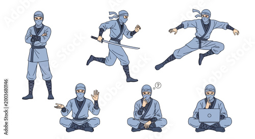 Ninja warrior in various dynamic poses and actions.