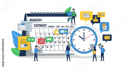 People standing around large clock calendar.