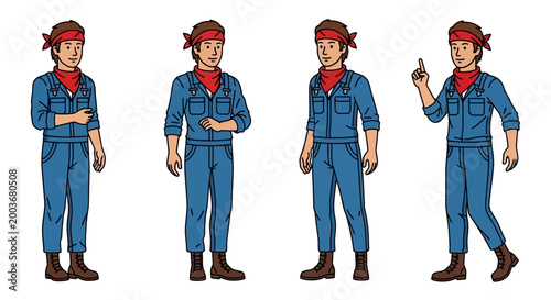 Set of four cartoon characters in blue overalls and red bandanas.