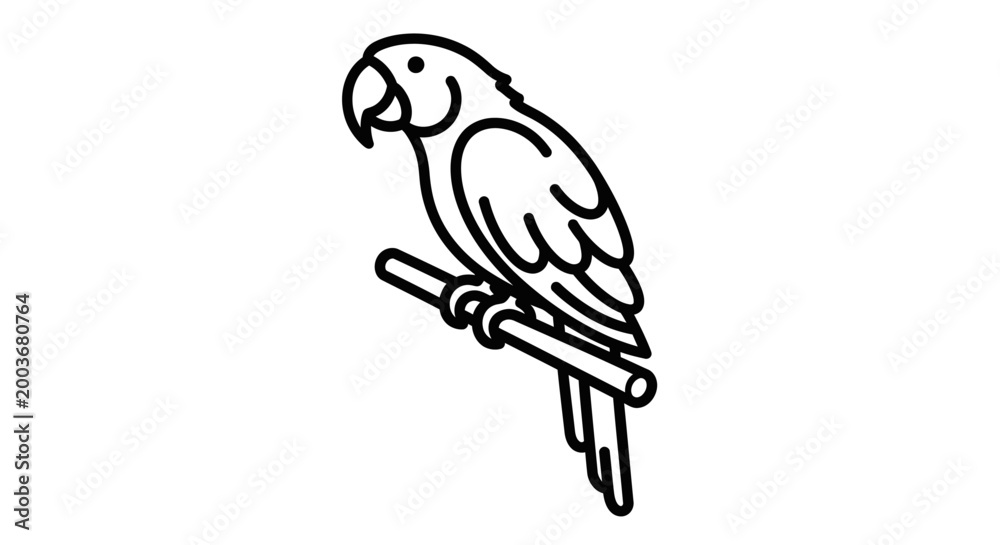 Fototapeta premium Parrot bird perched on a branch vector illustration, flat line art style.