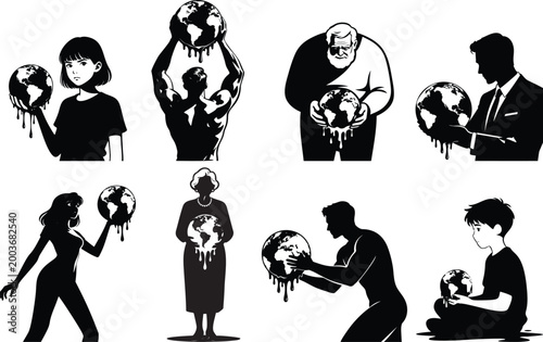 Diverse people holding a melting globe vector set, global warming, climate change,  and environmental responsibility awareness concept
