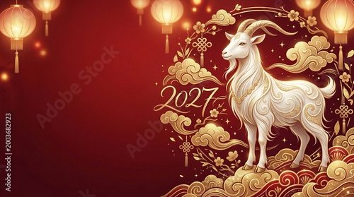 Goat symbolizing the Year of the Goat 2027 on red background with copy space