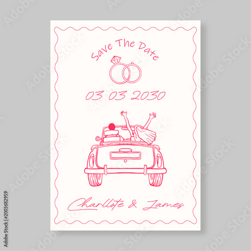 Tablou pe pânză Save the Date Wedding Announcement Card with Hand-Drawn Vintage Car and Rings Il