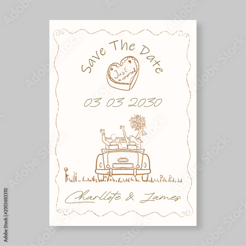 Elegant Hand Drawn Wedding Save the Date Card Template Featuring Just Married Couple in Convertible Car and Floral Accents on White Background