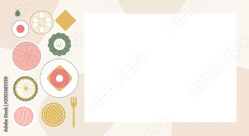 Assorted Indonesian traditional cakes and sweet snacks illustration with blank copy space, flat design culinary background.