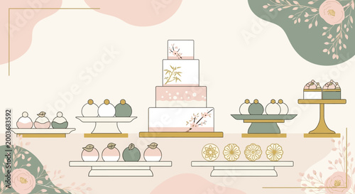 Japanese Traditional Dessert Table Illustration with Tiered Cake, Mochi, and Wagashi in Flat Design Style