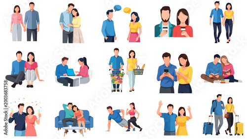 Couple characters activity collection isolated on white background, man and woman daily life situations set, relationship lifestyle flat illustration bundle