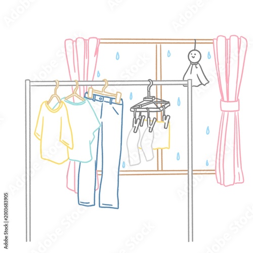 雨の日に洗濯物を部屋干ししているイラスト(カラーの線)