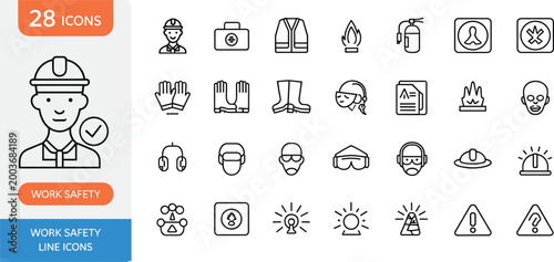 Foto Collection of twenty-eight work safety line icons, , gloves, boots, masks, fire