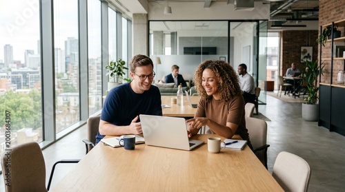 Two smiling colleagues working together on a laptop in a well-lit contemporary office space. Ideal for business, teamwork, remote work, and corporate marketing content