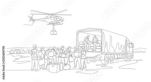 Tablou pe pânză Helicopter Loading People Into Truck.