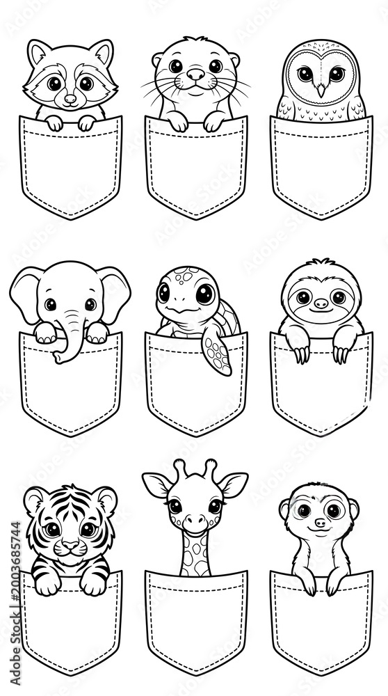 Fototapeta premium Cute pocket animals line art sticker set for coloring book