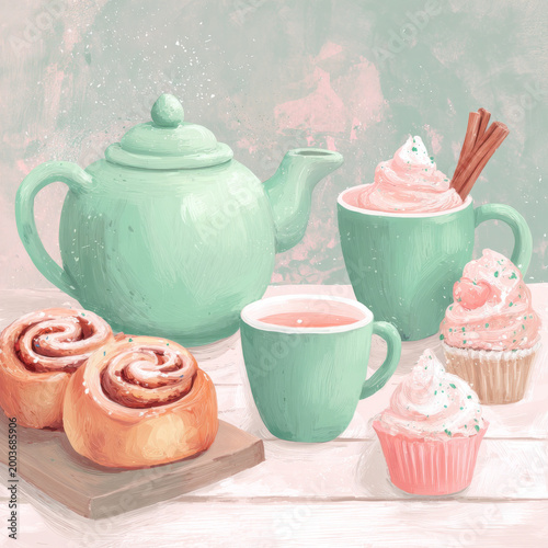 Pastel green teapot and mugs with cinnamon rolls and cupcakes topped with whipped cream create cozy and inviting tea time scene