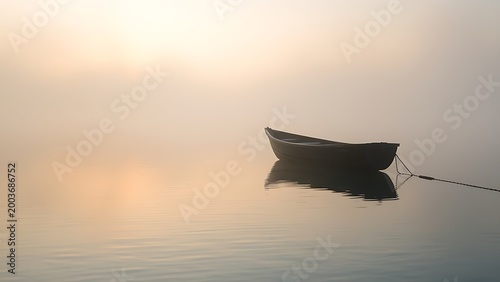 trimaran. A small boat silhouette on a misty lake at dawn with soft light and calm water. travel magazines, destination branding, designed for travel destination branding, inspires travel planning.