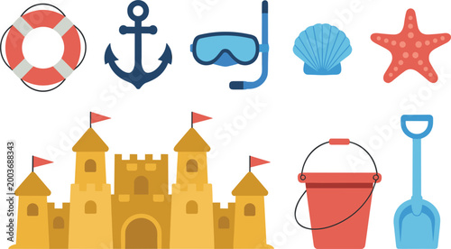 Beach summer icons vector set, sandcastle bucket shovel anchor shell starfish snorkeling mask, seaside vacation illustration collection