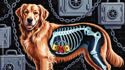 Golden Retriever with X ray skeleton and locked rib cage illustration, pet security concept with chains, safes, and dark background