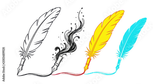 Feather Quill Pens Collection: Ink, Drawing, Yellow, Blue, White Background