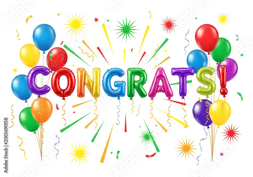 Colorful congratulatory message with balloons and party decorations on white