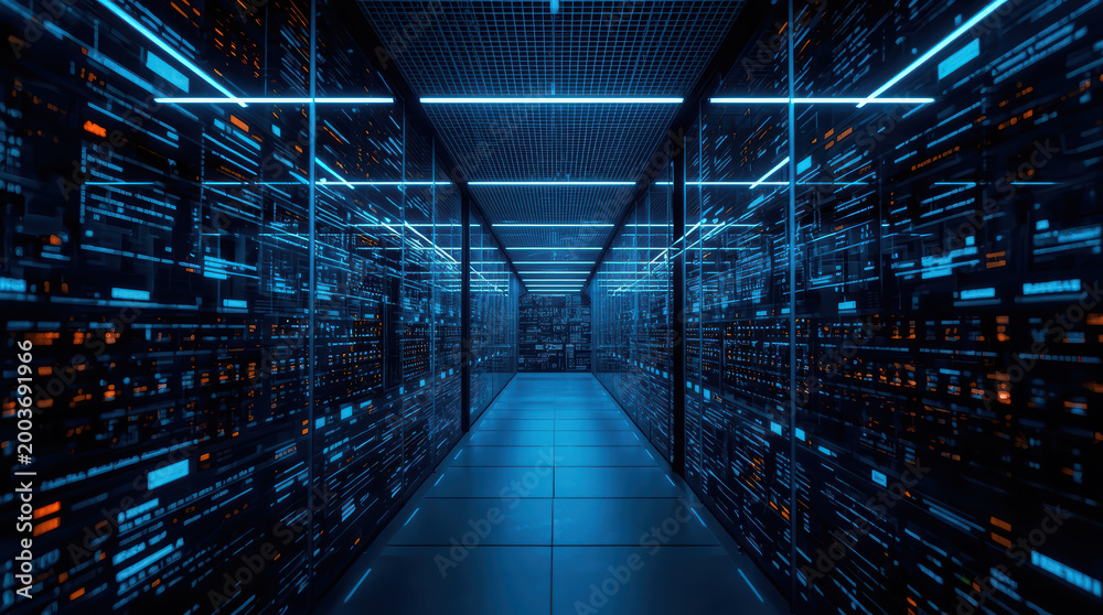 Obraz premium Data center corridor with glowing server racks and blue neon lighting, futuristic depth and calm