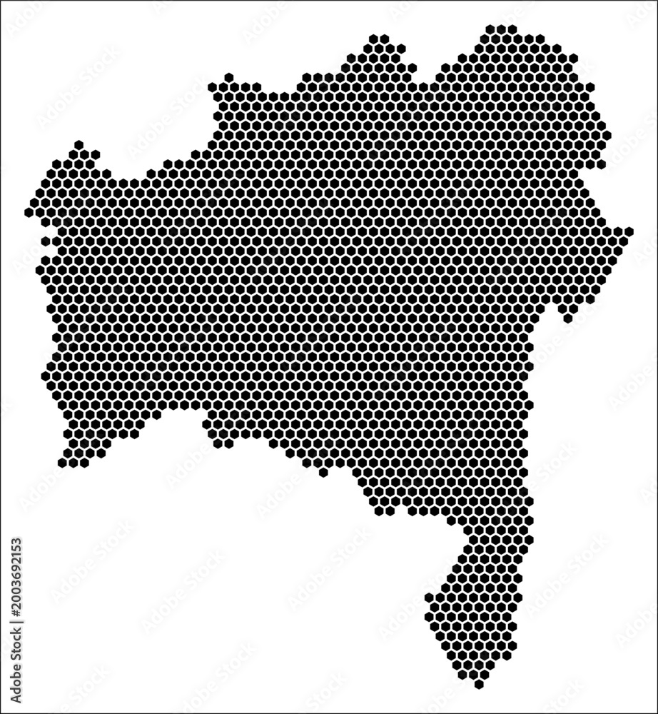 Fototapeta premium Bahia hexagon map. Plain black and white dotted shape template. State tiny hexagon cells. Bahia flat honeycomb template. Vector Illustration.
