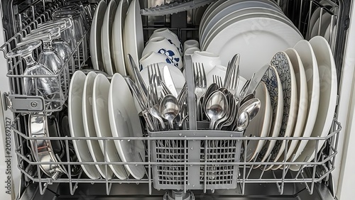 Dishwasher with clean dishes and utensils.