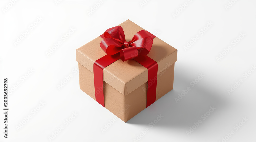 Fototapeta premium Elegant kraft gift box with red satin ribbon and bow conveying festive warmth