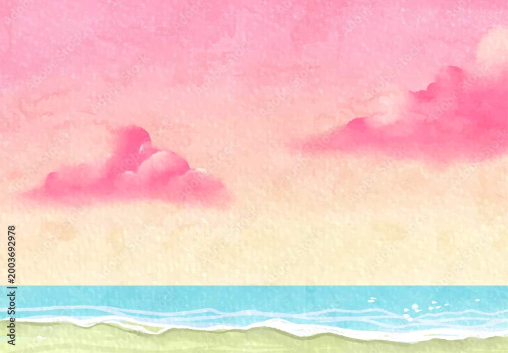 Obraz premium Dreamy Abstract Watercolor Beach Landscape with Pink Sunset Sky Fluffy Clouds and Turquoise Sea Waves Background for Summer Vacation Themes