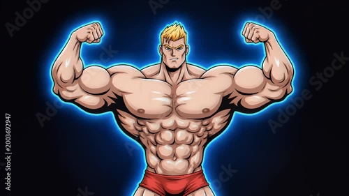 Strong Cartoon Bodybuilder Flexing Biceps with Blue Energy Aura