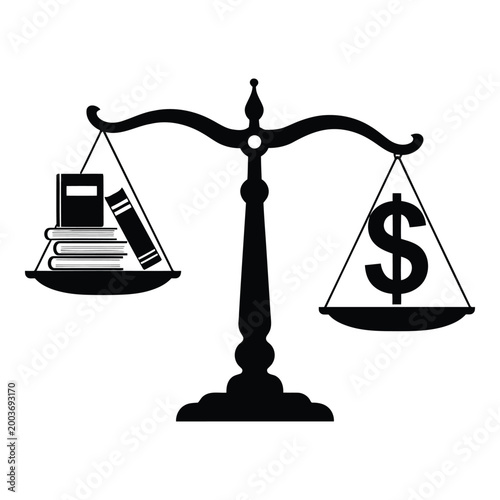 Balancing scale illustration featuring books and dollar sign symbolizing justice and financial equilibrium