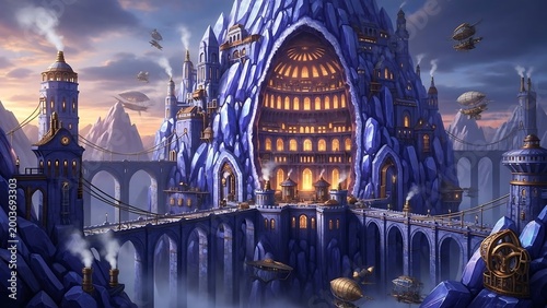 Fantasy castle with large illuminated entrance.