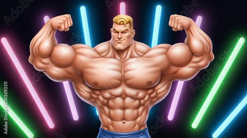 Muscular Cartoon Bodybuilder Flexing Biceps in Neon Light Background