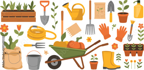 Gardening tools and plants vector set, wheelbarrow shovel gloves watering can flowers, home garden illustration collection design