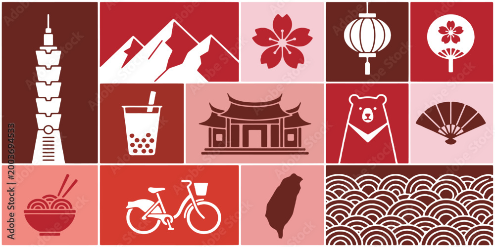 Fototapeta premium A vibrant collage of iconic Taiwanese symbols and cultural elements, showcasing travel and lifestyle.