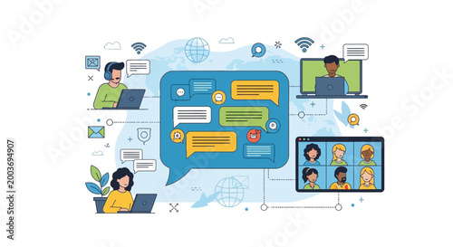 Quadro em tela Illustration of people engaging in online communication and virtual meetings