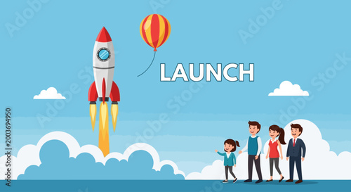 Business team watching rocket launch symbolizing startup success and growth.