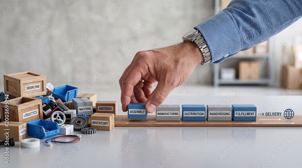 Obraz premium A person's hand placing a block of wood with lego blocks depicting supply chain streamline metaphor and creative engagement