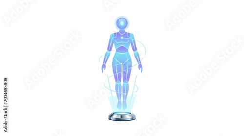 Holographic humanoid figure with glowing circuits and futuristic platform artificial intelligence science fiction augmented reality hologram humanoid technology futuristic circuits platform