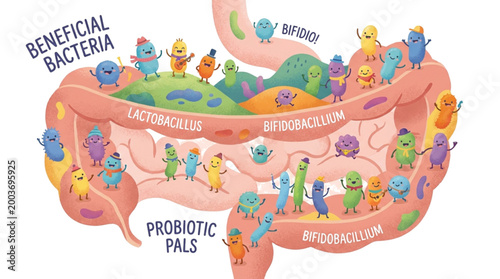 Cute cartoon beneficial bacteria and probiotics inside intestines with gut health intestinal flora internal organs cute characters human body bacteria probiotics intestines digestion microbes