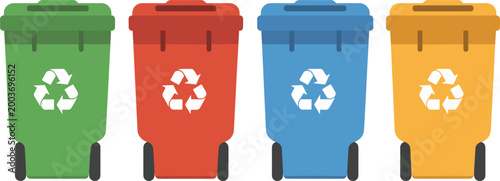 Recycling bins vector set, colored waste containers with recycle symbols, environmental sorting illustration design