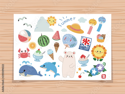 Summer Motif Illustration Set with Wood Background