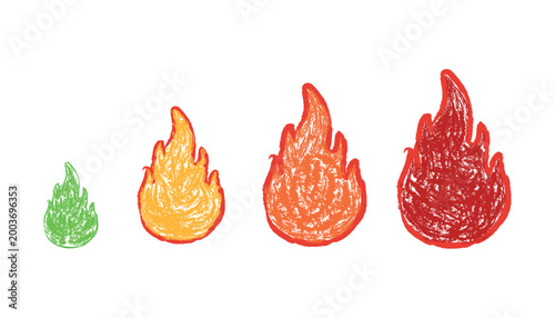 Set of four handdrawn fire icons in increasing size and intensity vector illustration