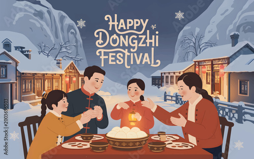 Family eating tangyuan dumplings at a table during the dongzhi winter solstice festival in the snow