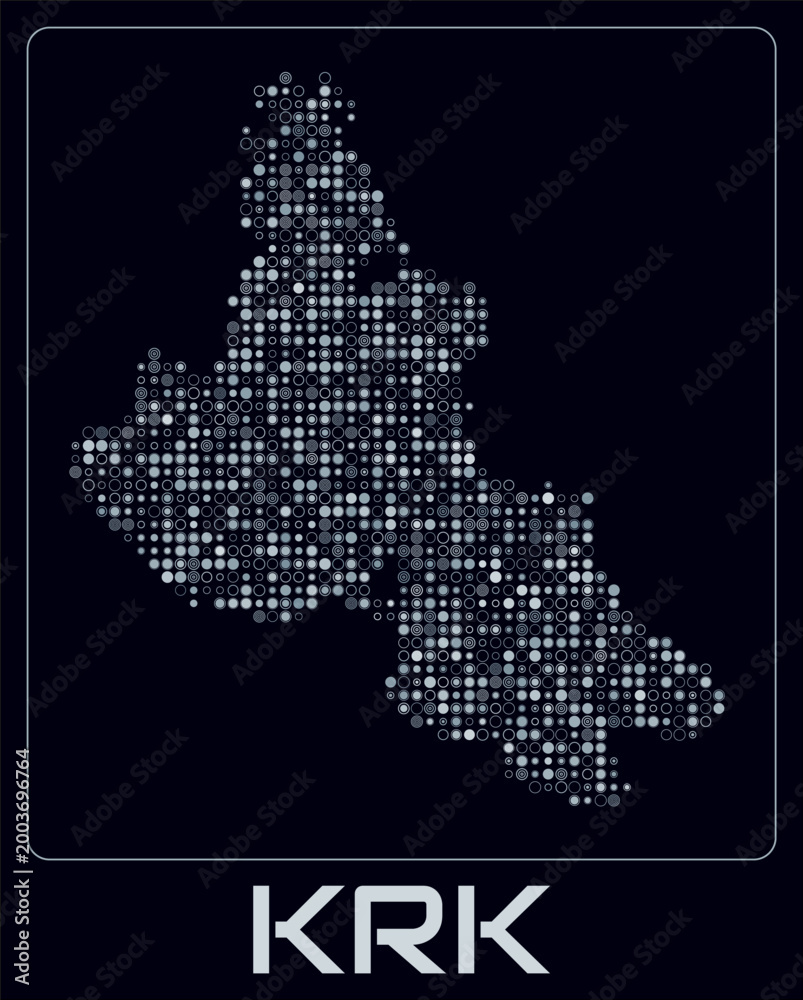 Obraz premium Krk digital style map. Small circle dots on dark background. Dotted shape of the island. Krk map and title. Awesome vector illustration.