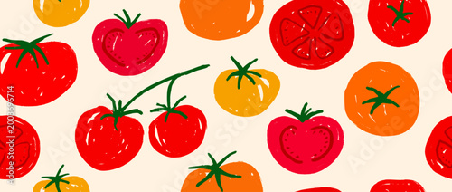 Seamless hand drawn tomato pattern. Red doodled tomatoes background. Repeated organic healthy food wallpaper for restaurant, cooking recipe, menu decor. Vector repeating fresh farm vegetable backdrop