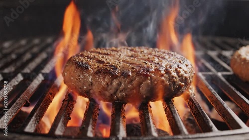 A close-up shot of a delicious cooked meat patty grilling over an open flame, with smoke rising and a blurred background