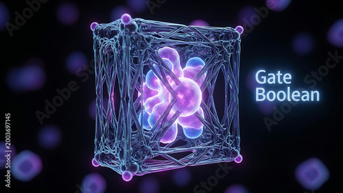 Glowing purple blue cube with wireframe structure and boolean gate text on dark background with purple spots